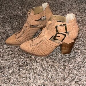 Tan GB Wrapped Up Strappy Cut Out Brown Suede Leather Heeled Booties